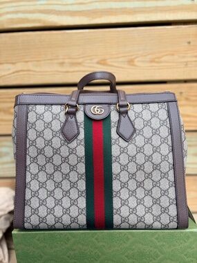 Gucci Beige GG Supreme Duffel with Green and Red Web Stripe